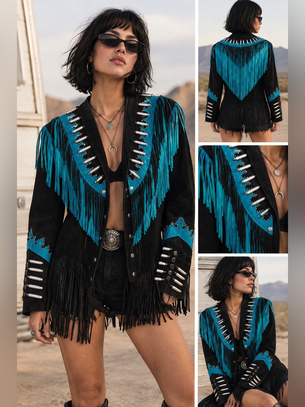 Women's Black Suede Leather Fringe Jacket with Turquoise Accents